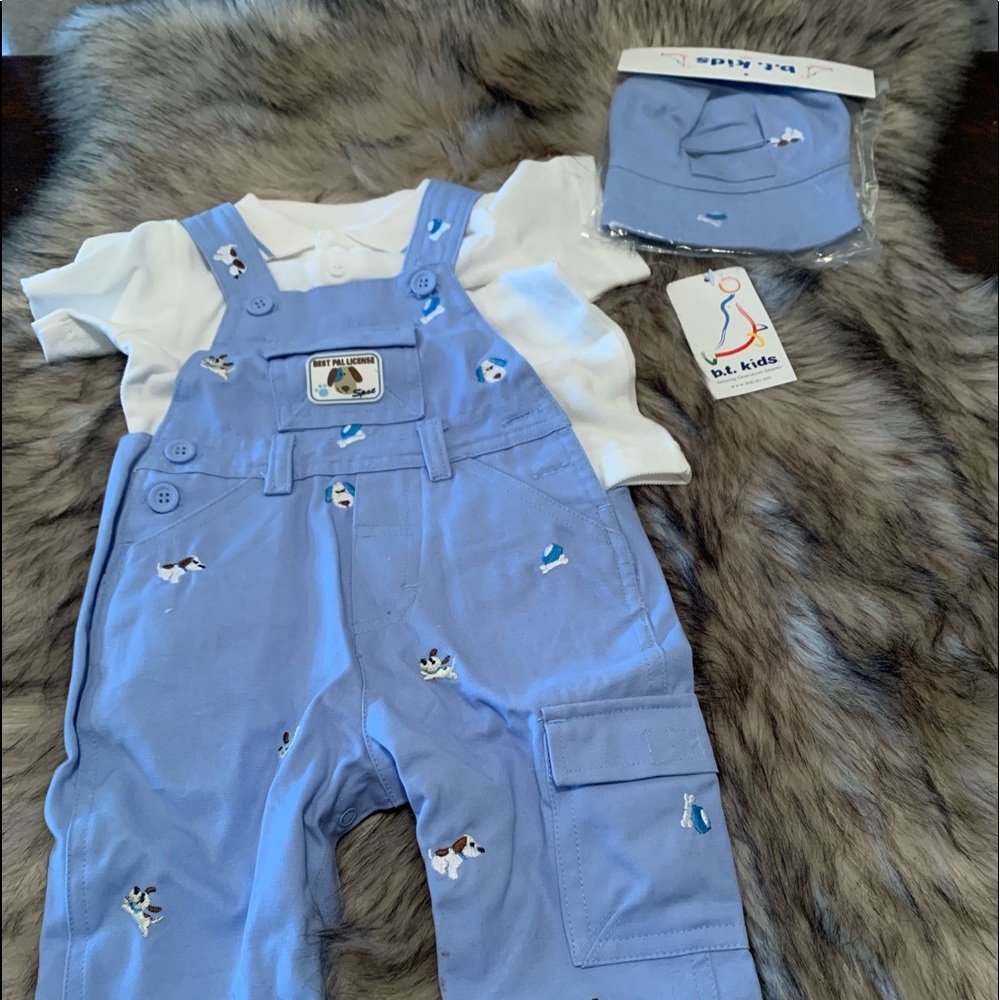 Adorable three pcs overall set!  Hat overalls and shortsleeved shirt. 3-6 mos.